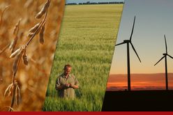 Collage showing soybeans, wheat field with a farmer, and wind turbines at sunset